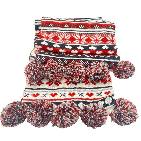 Talbots Nordic Reversible Scarf Snowflakes Hearts POM POMs Fair Isle Apres Ski - Picture 4 of 7